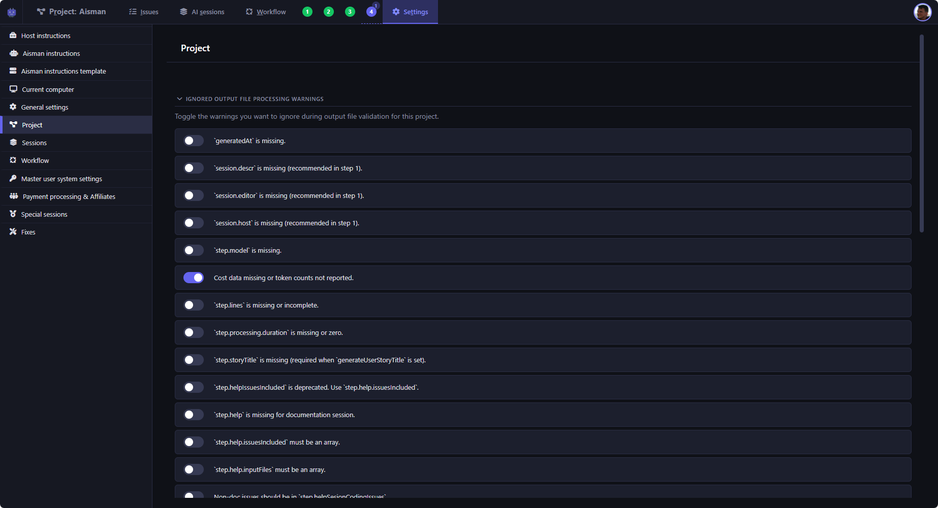 Project settings